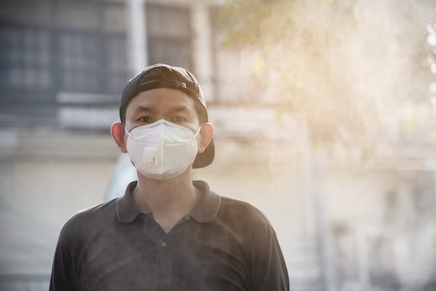 Person wearing a cap and a face mask in a smoky environment.