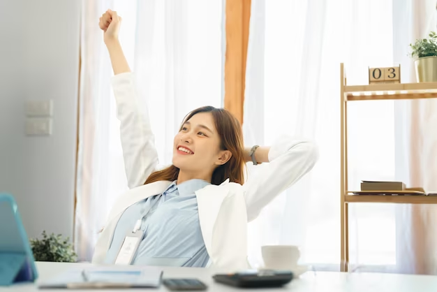 Female stretching with raised hand.