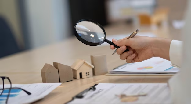 Hand with magnifying glass zooming in on tiny houses